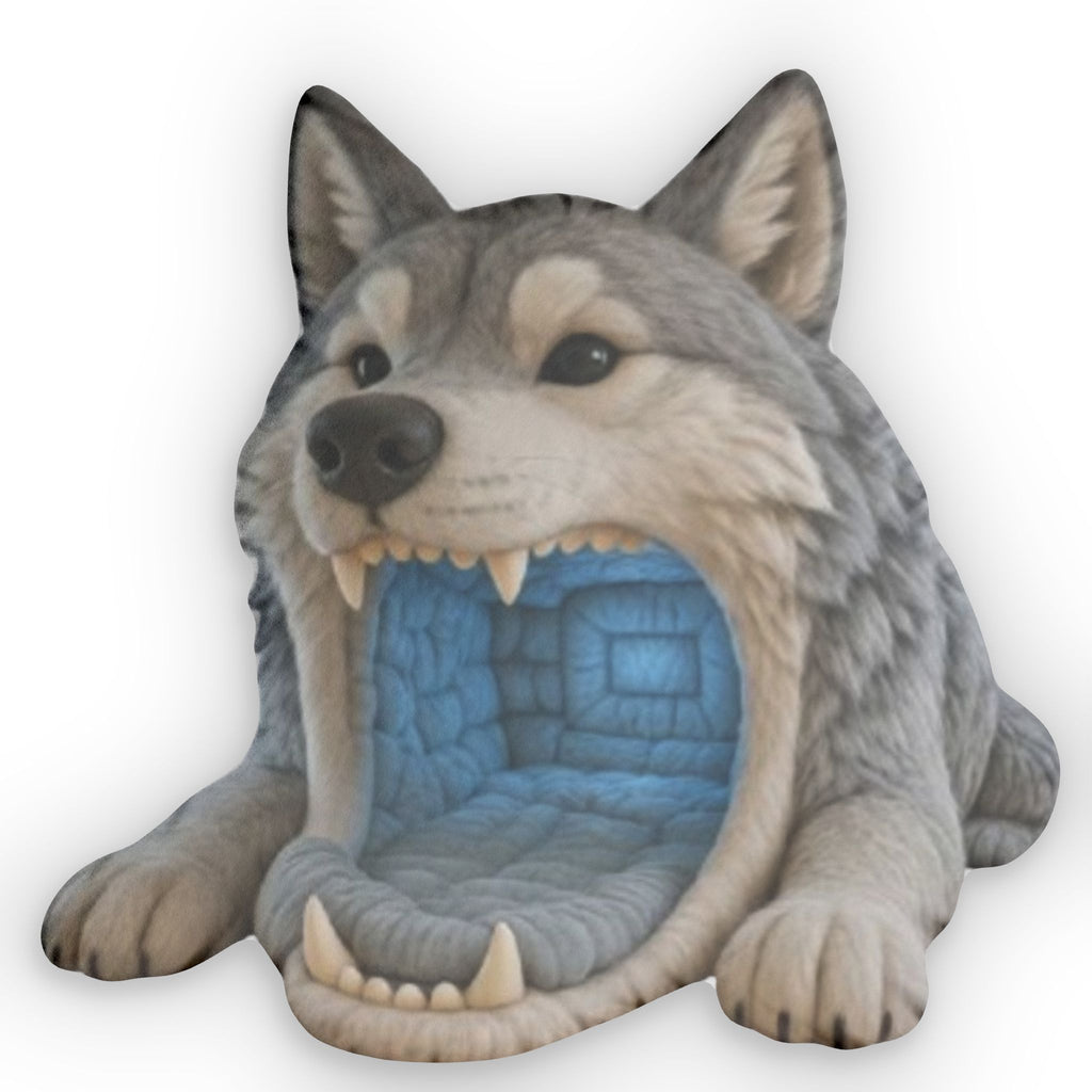 Giant Wolf Mouth Cave flat plush shaped pillow, product mockup (1 of 2)