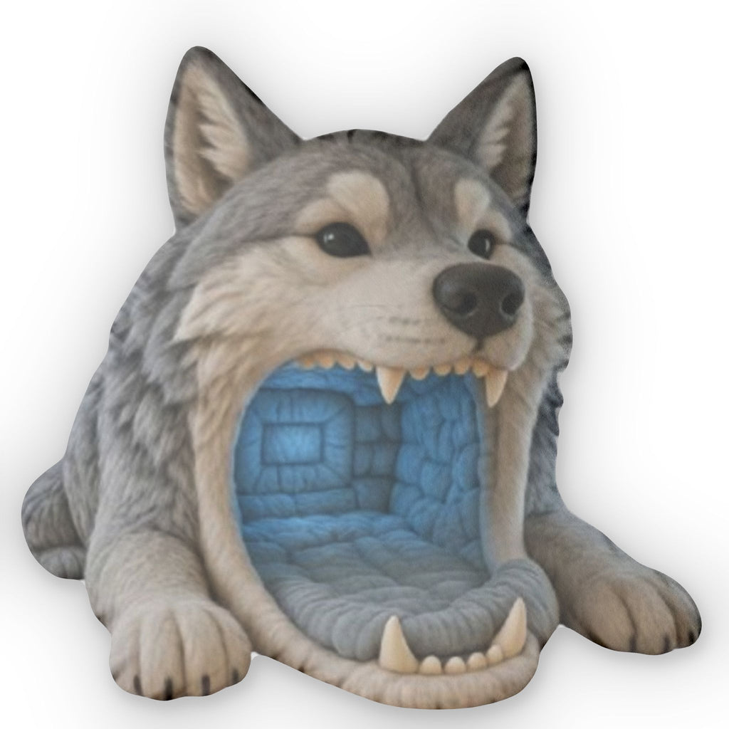 Giant Wolf Mouth Cave flat plush shaped pillow, product mockup (2 of 2)