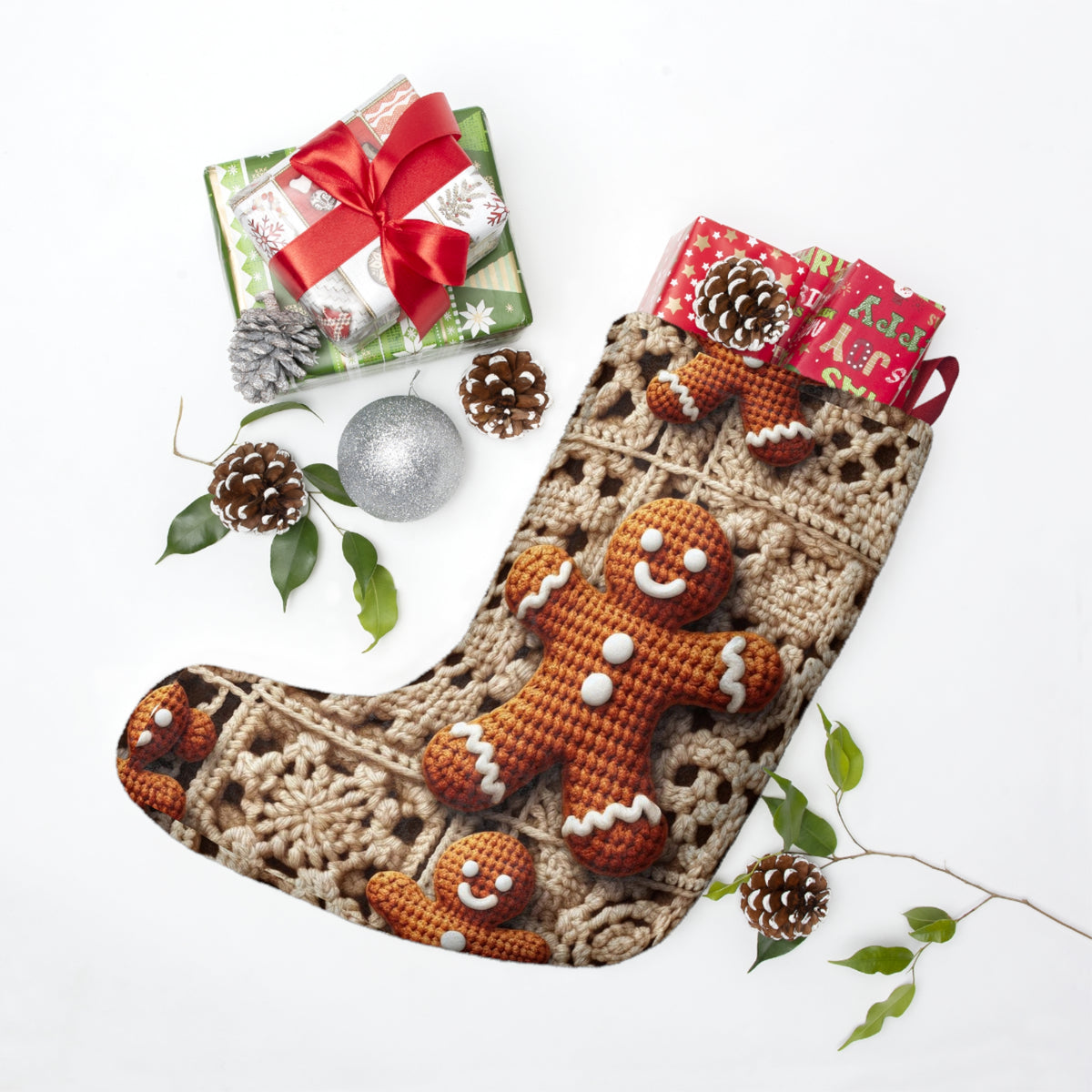 Gingerbread Man Crochet-Look Christmas Stocking, product mockup (3 of 4)