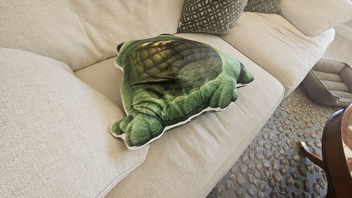 Customer photo of the Giant Green Frog flat plush shaped pillow