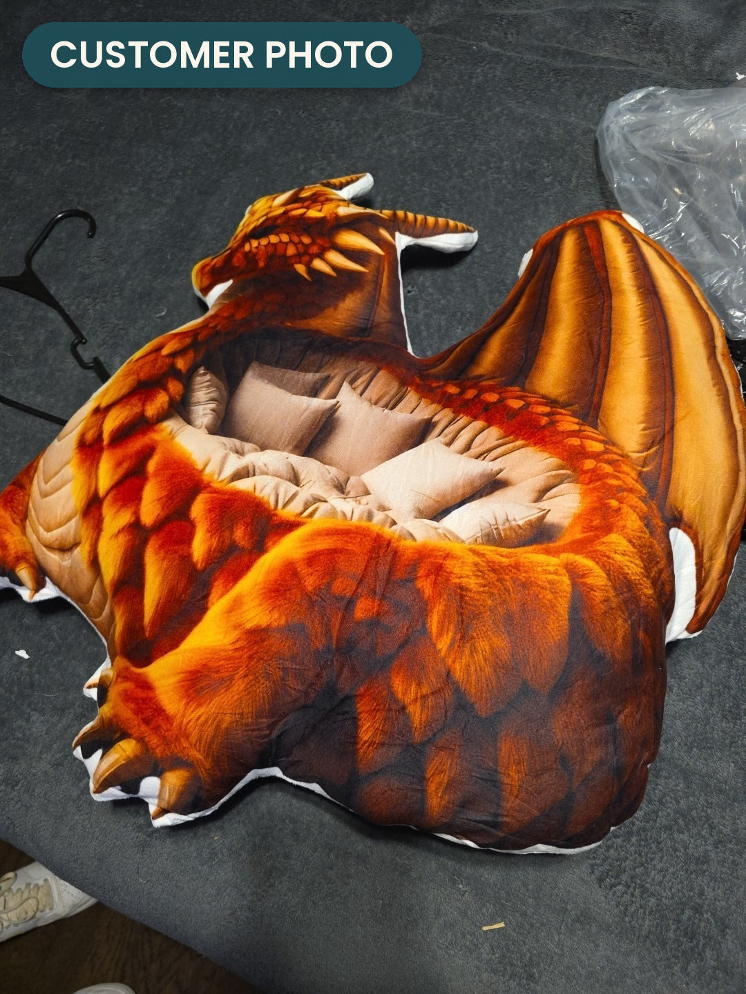 Customer photo: Giant Amber Dragon Lounger Pillow (every order ships brand new)