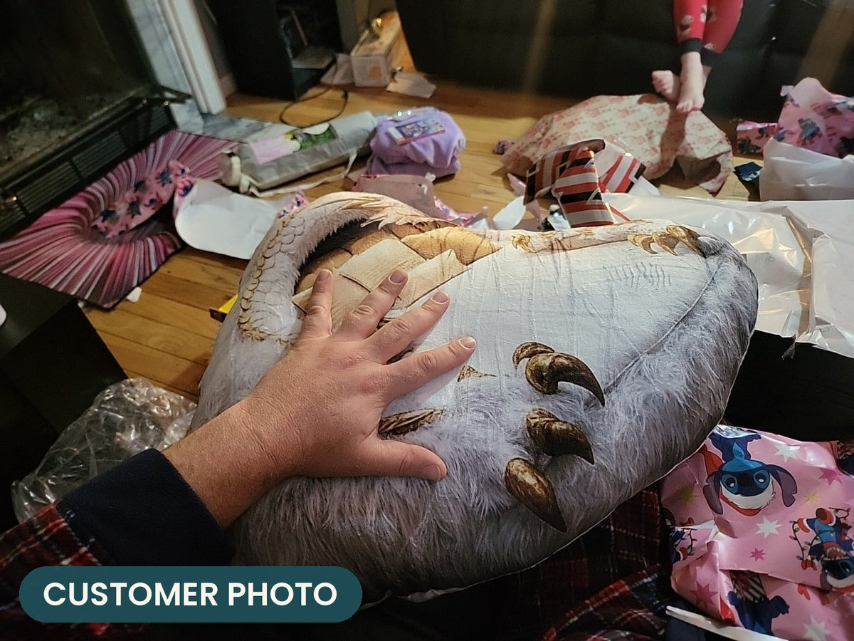 Customer photo: Giant Mythical Dragon Lounger Pillow (every order ships brand new)