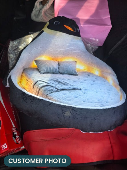 Customer photo: Giant Penguin Lounger Pillow (every order ships brand new)