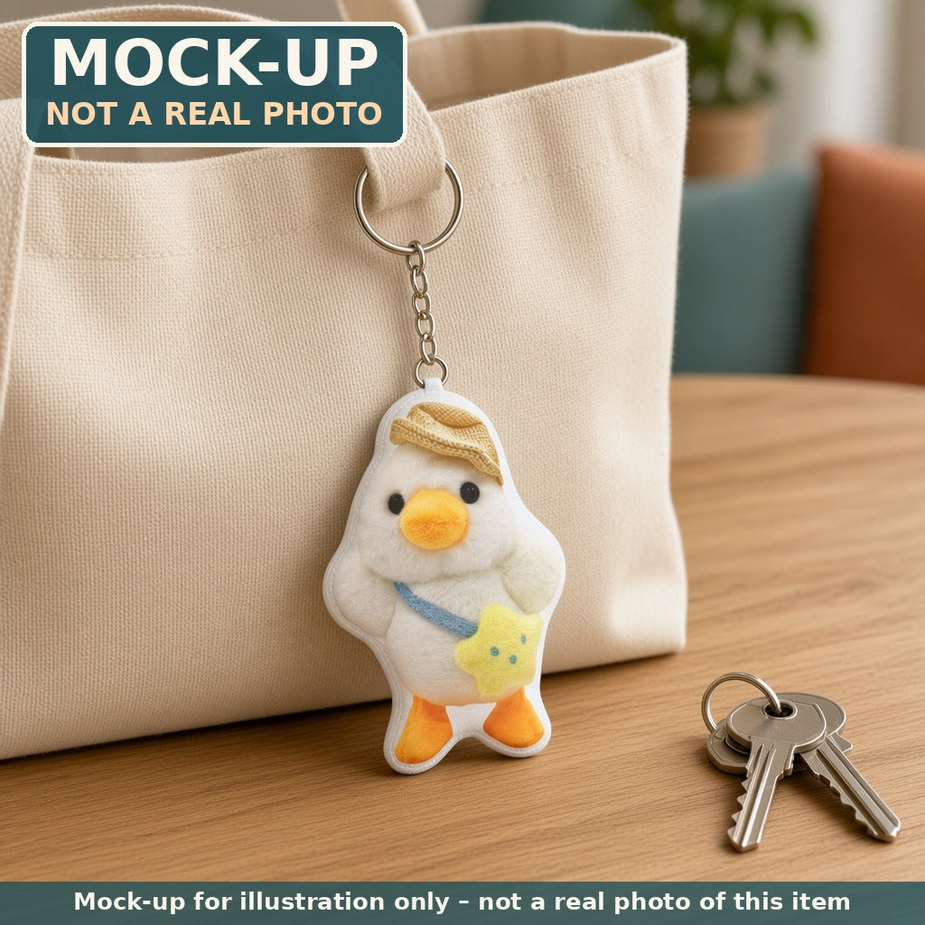 Mock-up (not a real photo): Cute White Duck with Hat and Star Bag Plush Shape Mini Plush Keychain shown in a home setting