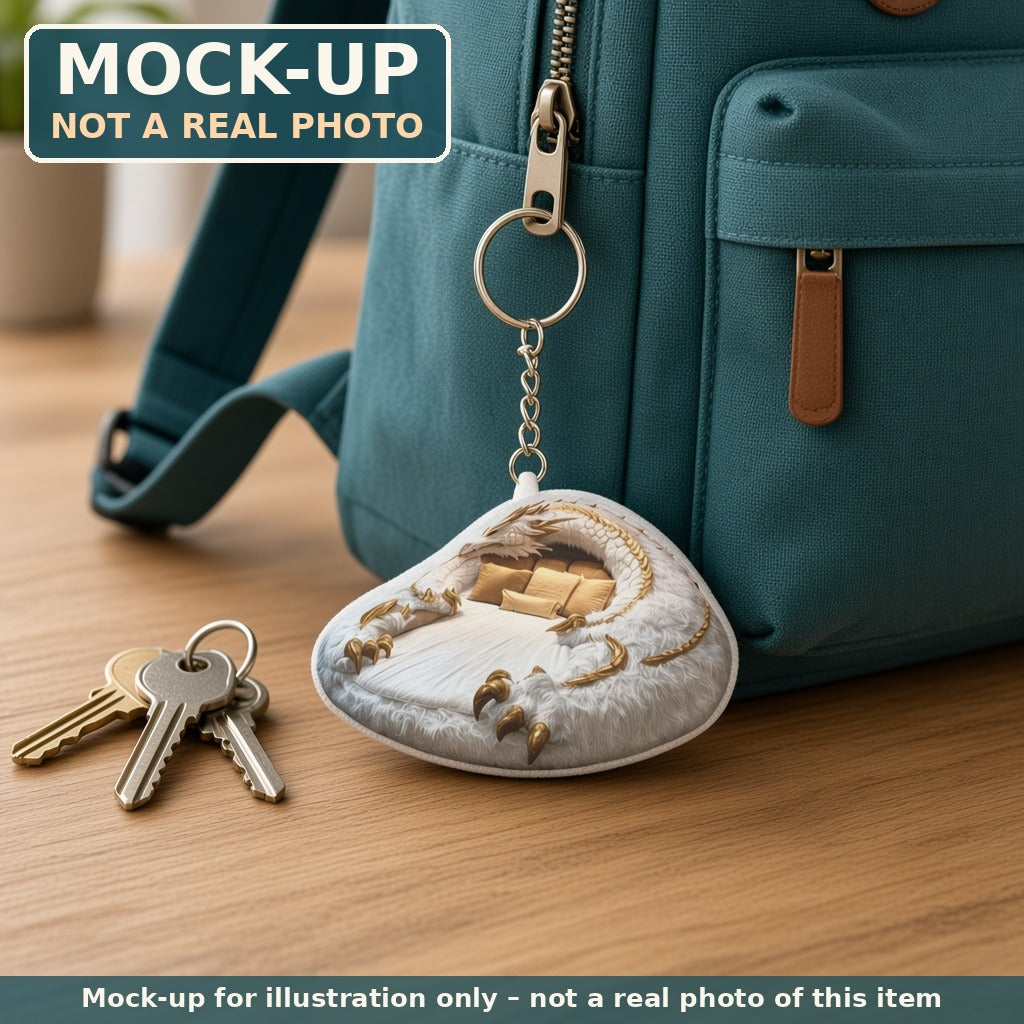 Mock-up (not a real photo): White Dragon Lounger Mini Plush Keychain shown in a home setting