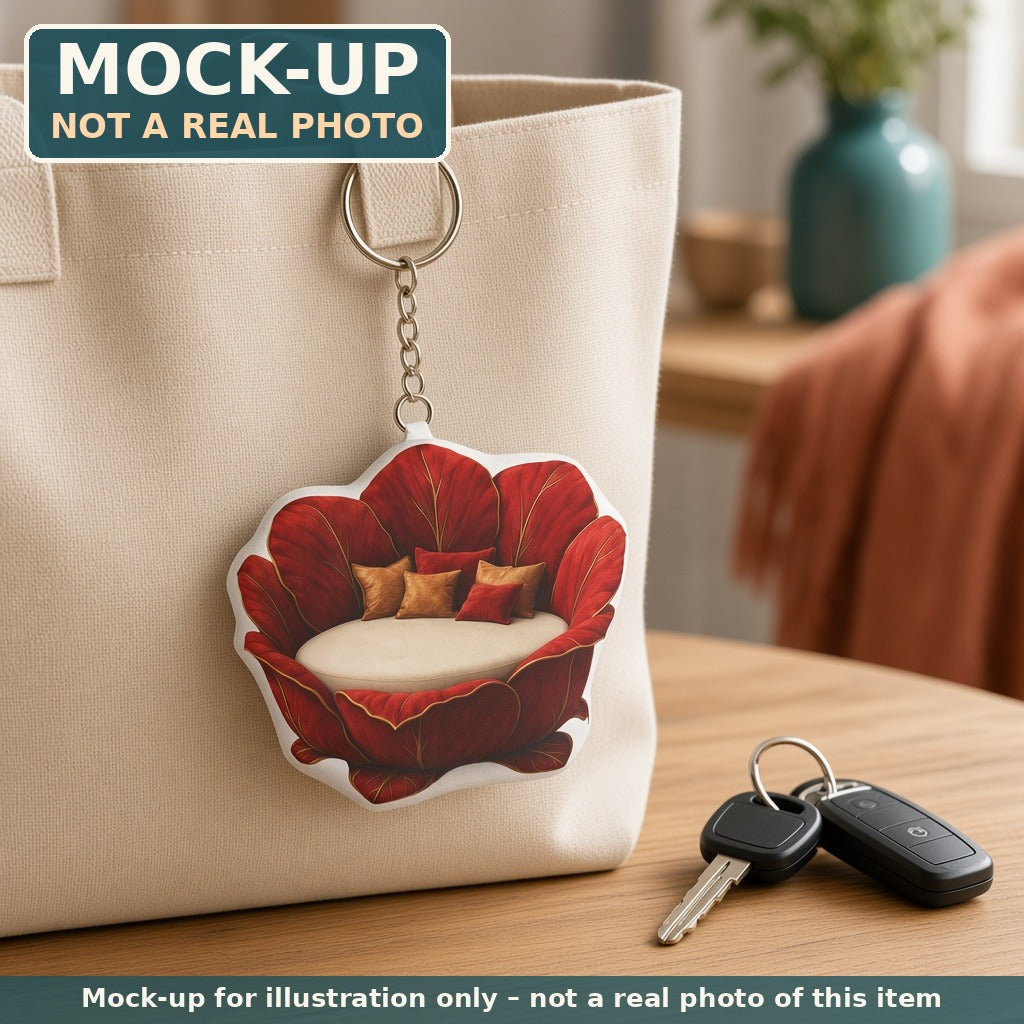 Mock-up (not a real photo): Red Flower Lounger Mini Plush Keychain shown in a home setting