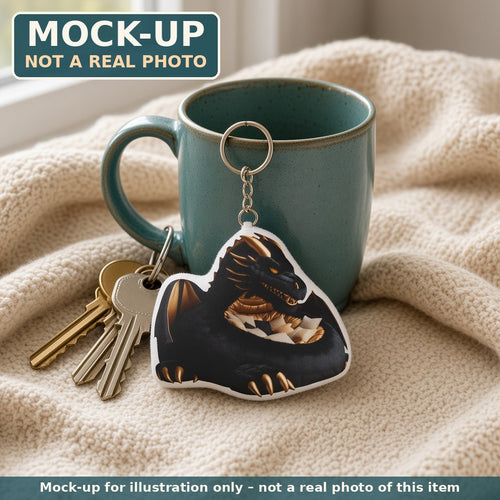 Mock-up (not a real photo): Black Dragon Lounger Mini Plush Keychain shown in a home setting