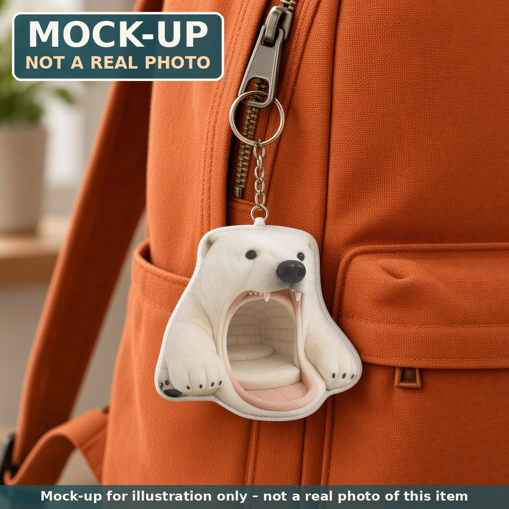 Mock-up (not a real photo): Polar Bear Cave Lounger Mini Plush Keychain shown in a home setting