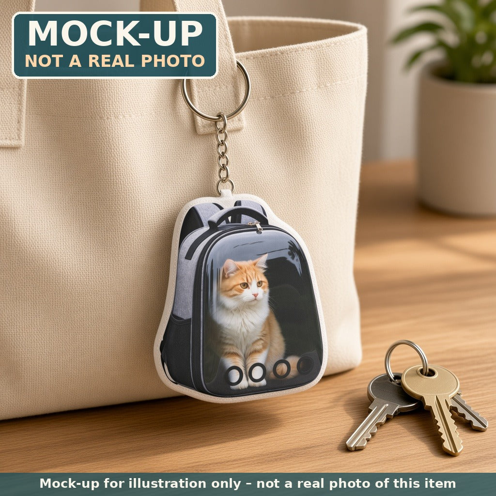 Mock-up (not a real photo): Cat in Carrier Backpack Mini Plush Keychain shown in a home setting