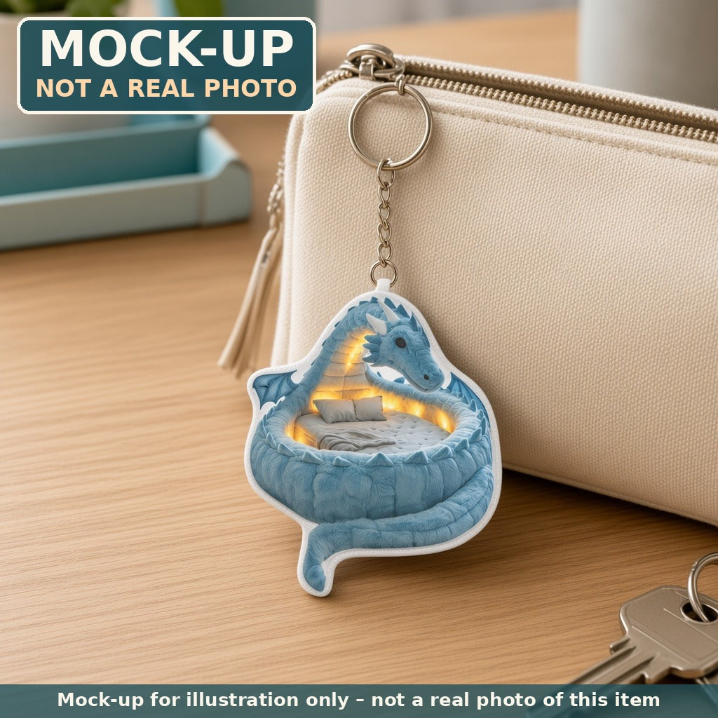 Mock-up (not a real photo): Ice Dragon Lounger Mini Plush Keychain shown in a home setting