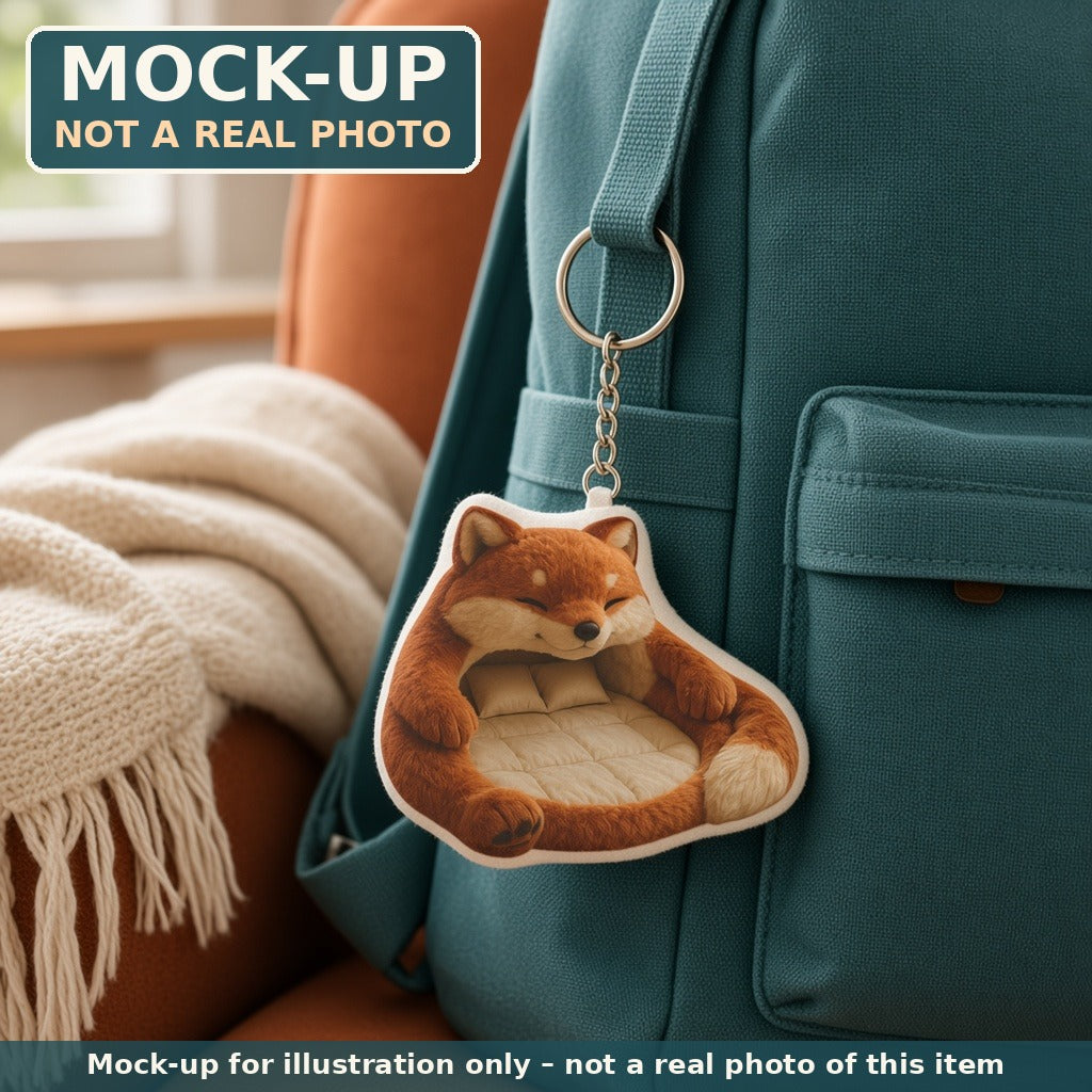 Mock-up (not a real photo): Mythical Fox Lounger Mini Plush Keychain shown in a home setting