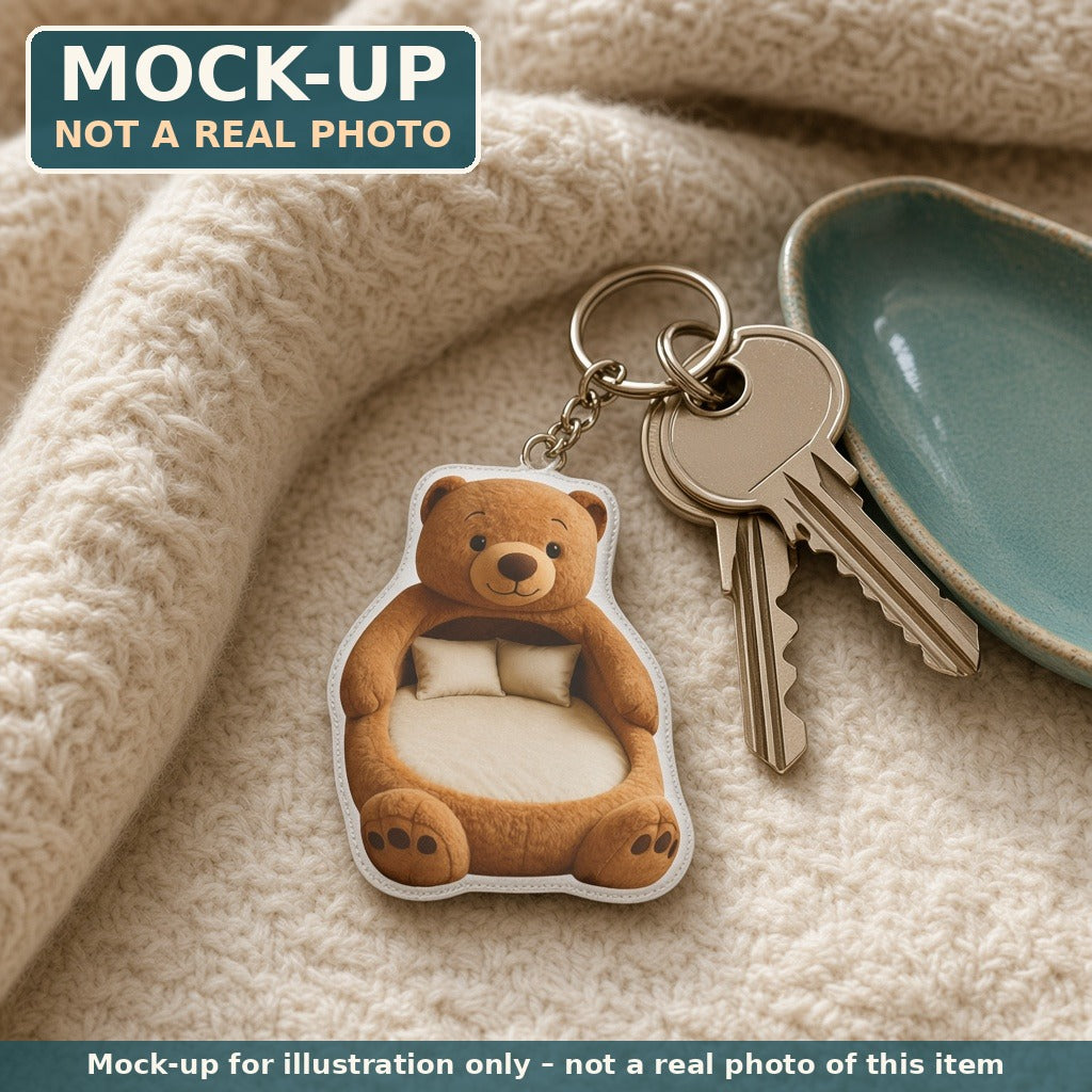 Mock-up (not a real photo): Teddy Bear Lounger Mini Plush Keychain shown in a home setting