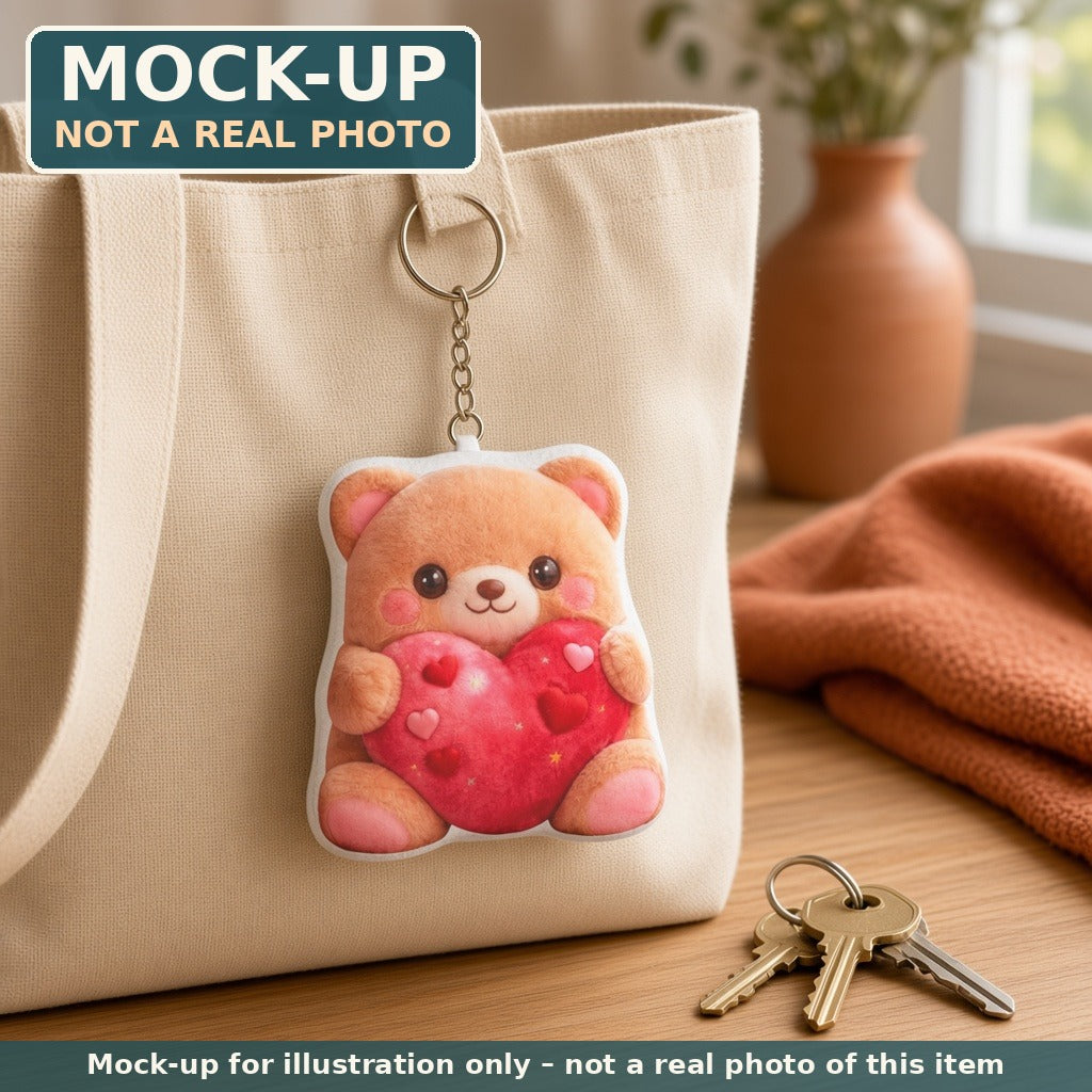 Mock-up (not a real photo): Teddy Bear Hugging Red Heart Mini Plush Keychain shown in a home setting