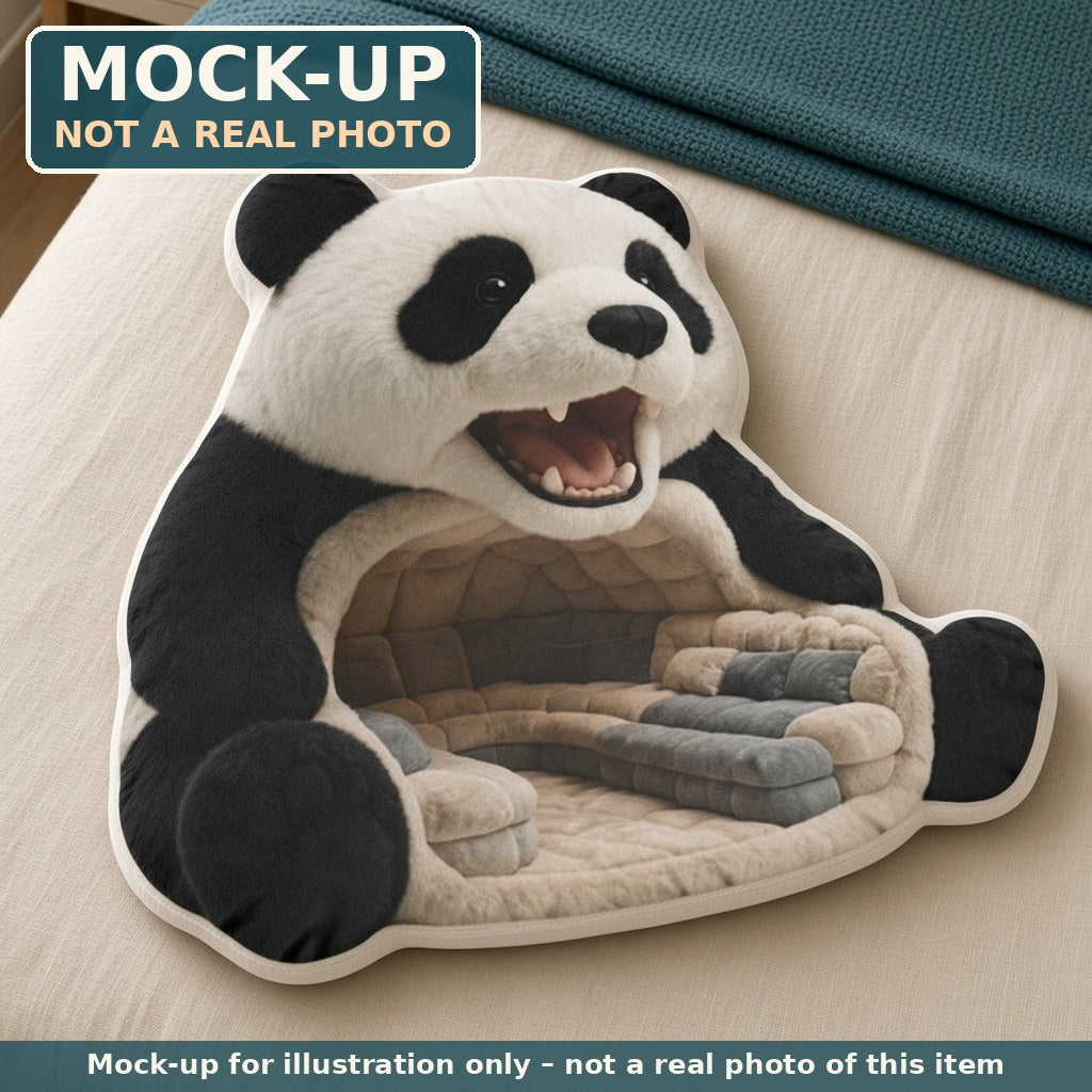 Mock-up (not a real photo): Giant Panda Bear Lounger Pillow (flat shaped plush pillow) shown in a home setting