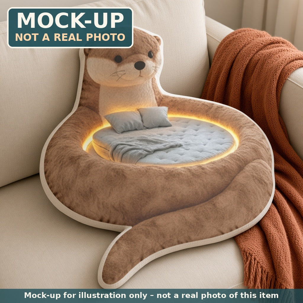 Mock-up (not a real photo): Giant Otter Lounger Pillow (flat shaped plush pillow) shown in a home setting