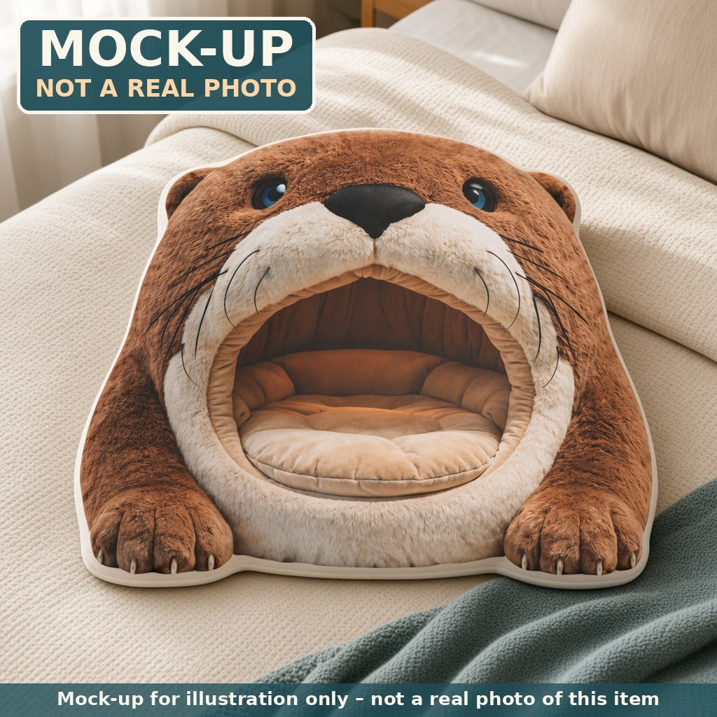 Mock-up (not a real photo): Giant Otter Mouth Cave Lounger Pillow (flat shaped plush pillow) shown in a home setting
