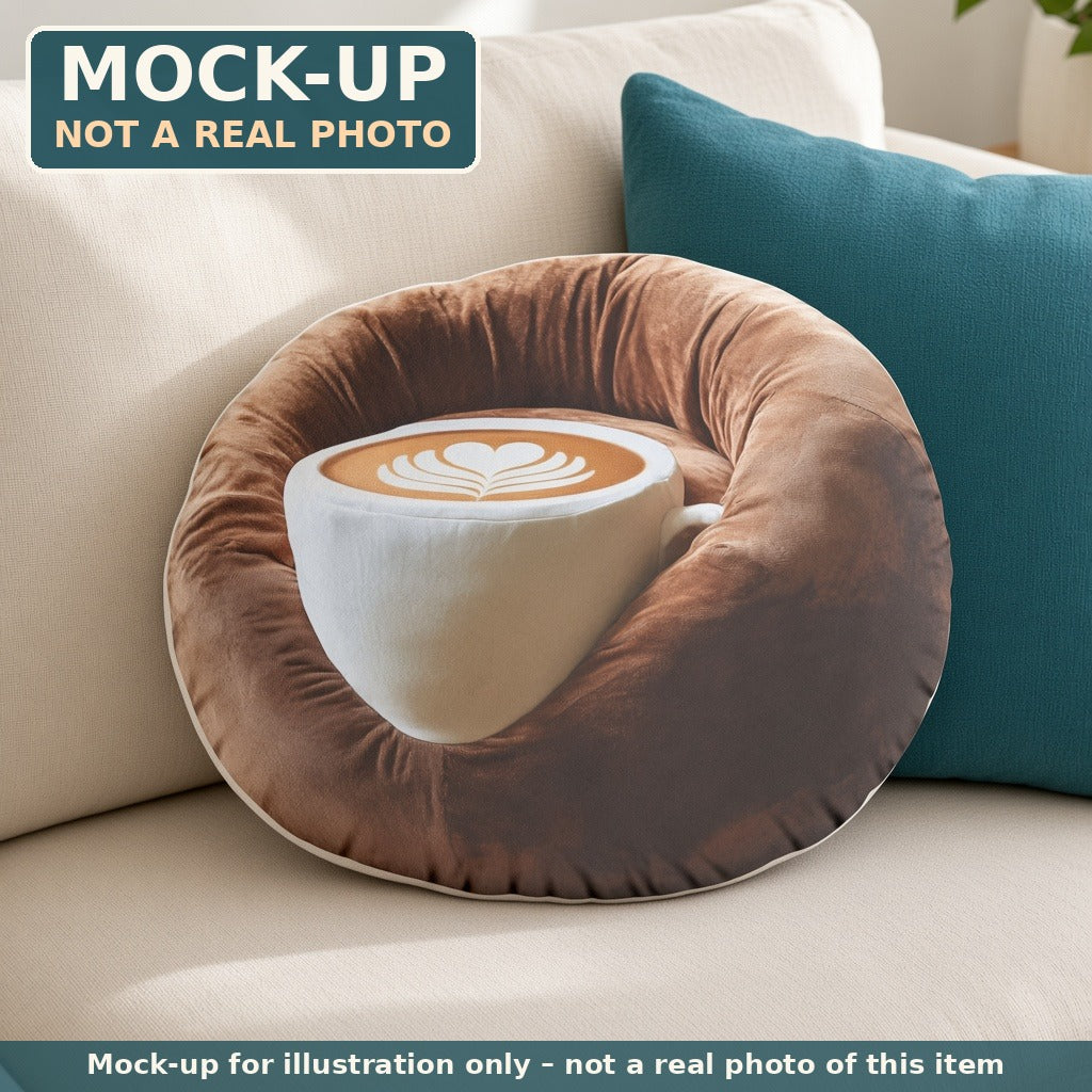 Mock-up (not a real photo): Latte Art Coffee Cup Lounger Pillow (flat shaped plush pillow) shown in a home setting