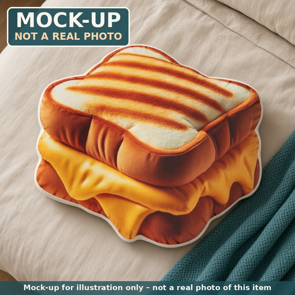 Mock-up (not a real photo): Grilled Cheese Sandwich Pillow (flat shaped plush pillow) shown in a home setting