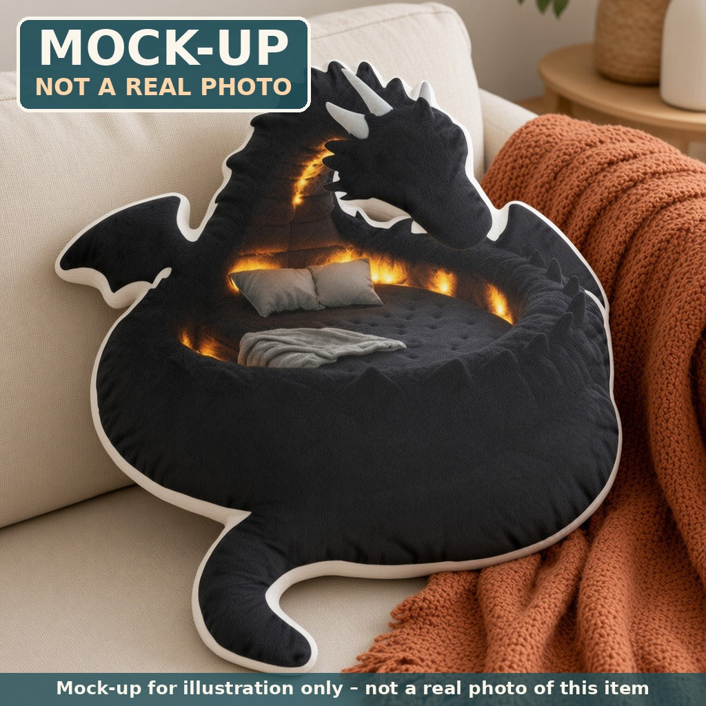 Mock-up (not a real photo): Giant Shadow Dragon Lounger Pillow (flat shaped plush pillow) shown in a home setting