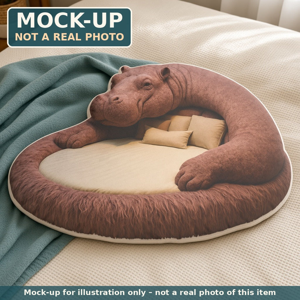 Mock-up (not a real photo): Giant Hippo Lounger Pillow (flat shaped plush pillow) shown in a home setting