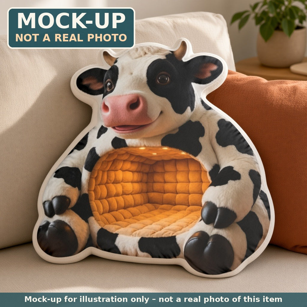 Mock-up (not a real photo): Giant Cow Lounger Pillow (flat shaped plush pillow) shown in a home setting