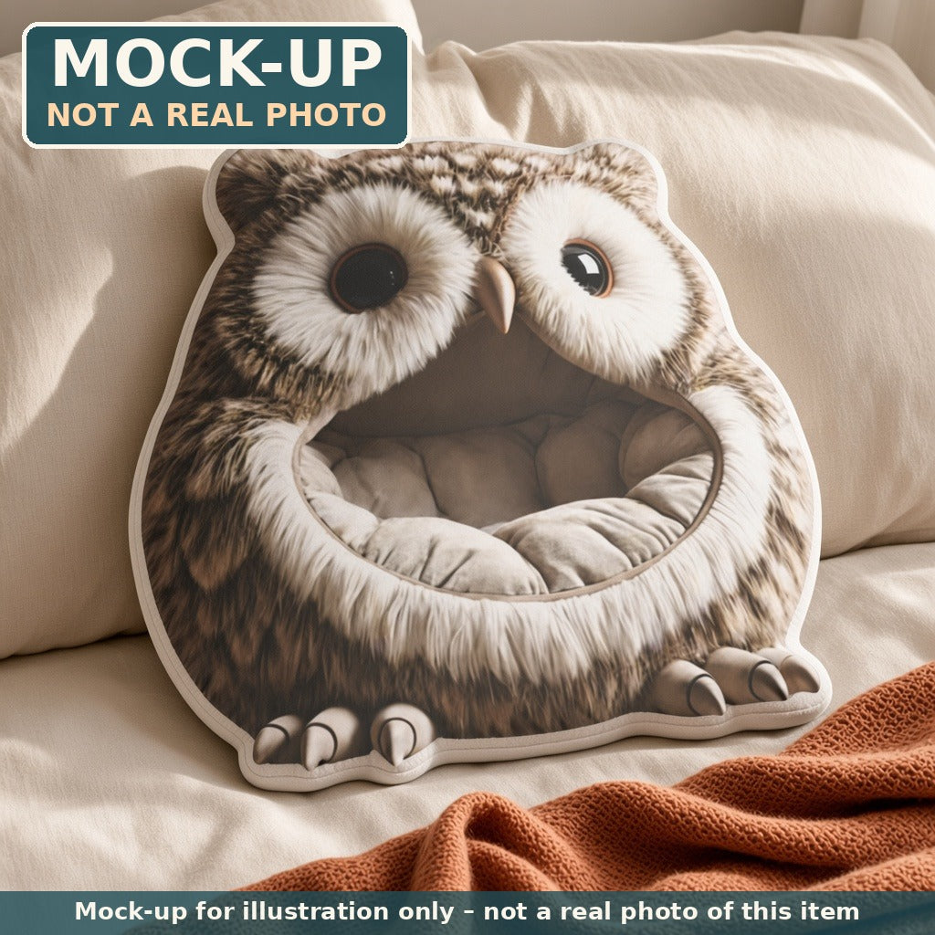 Mock-up (not a real photo): Giant Owl Mouth Cave Lounger Pillow (flat shaped plush pillow) shown in a home setting