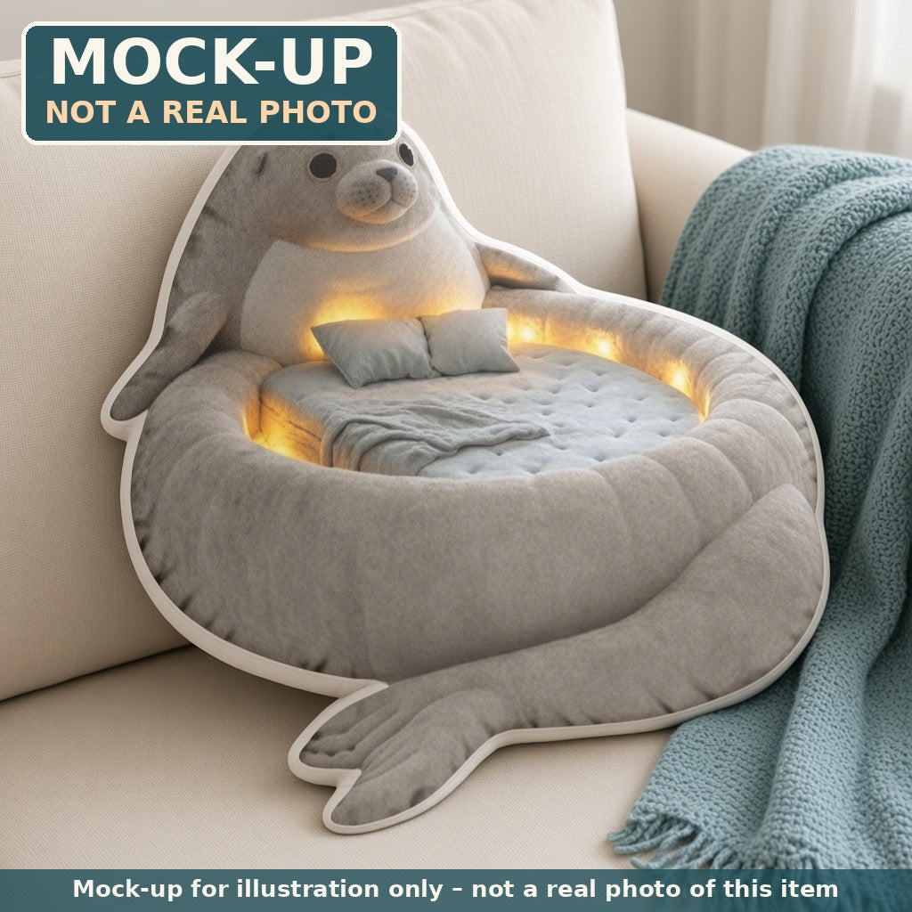 Mock-up (not a real photo): Giant Seal Lounger Pillow (flat shaped plush pillow) shown in a home setting