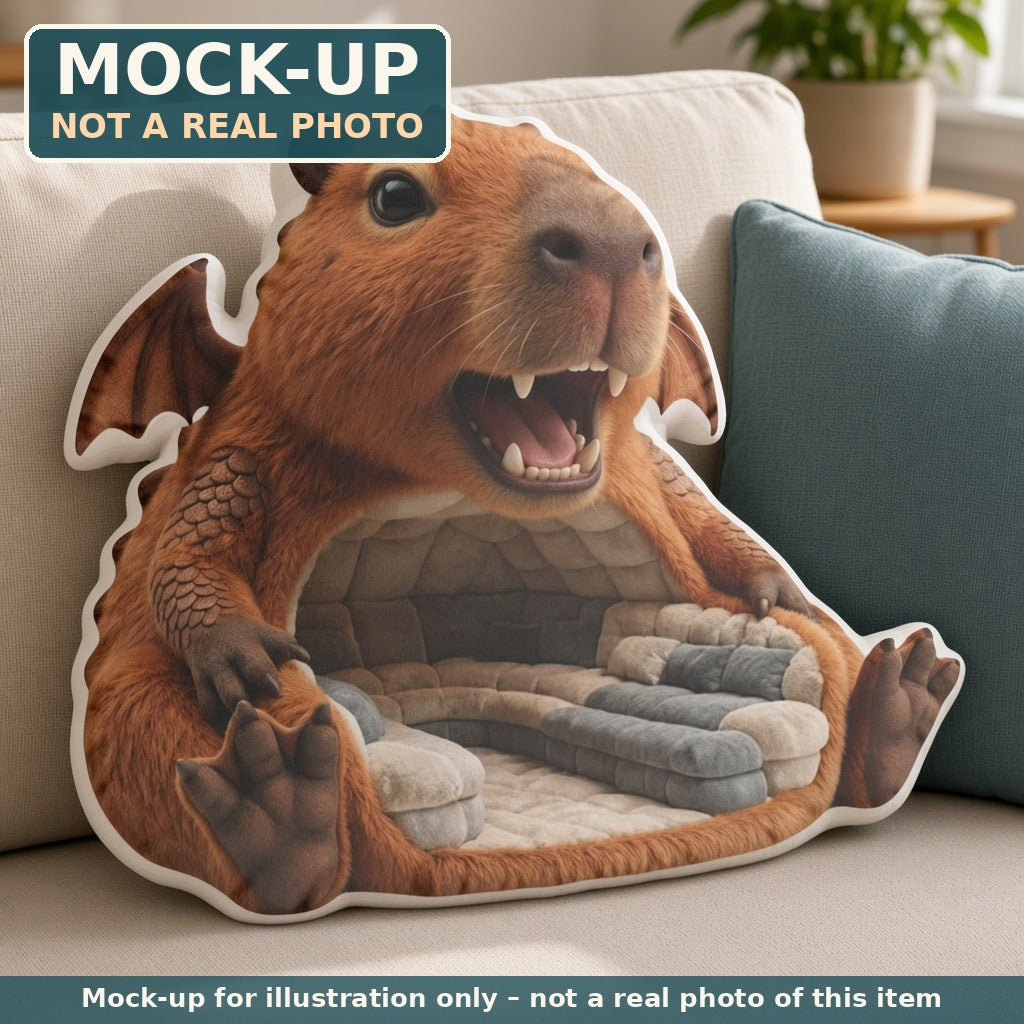 Mock-up (not a real photo): Capybara Dragon Lounger Pillow (flat shaped plush pillow) shown in a home setting