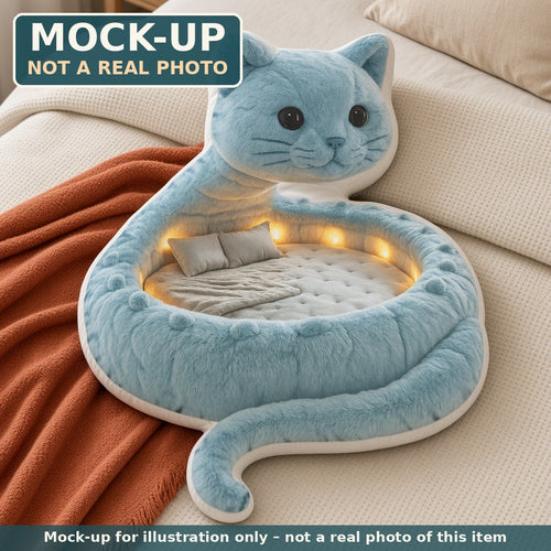 Mock-up (not a real photo): Blue Cat Dragon Lounger Pillow (flat shaped plush pillow) shown in a home setting