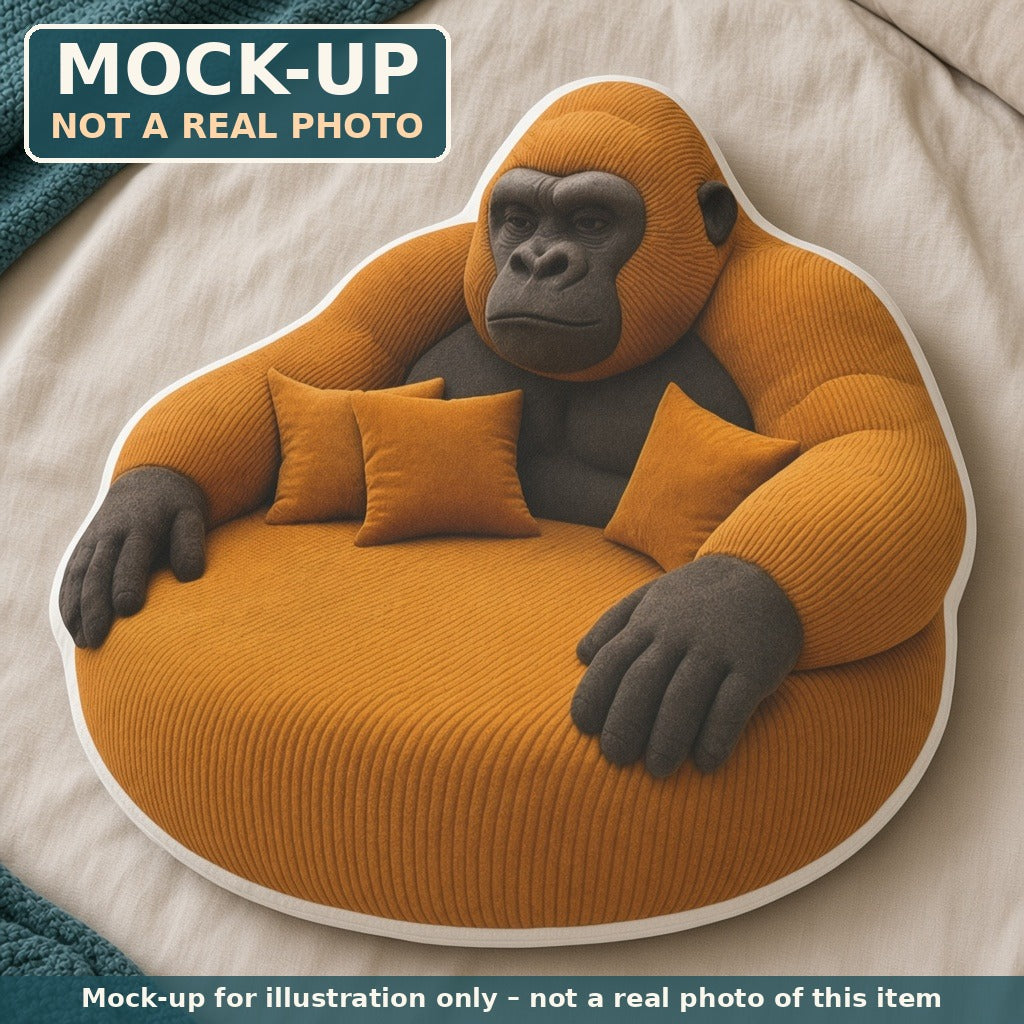 Mock-up (not a real photo): Giant Gorilla Lounger Pillow (flat shaped plush pillow) shown in a home setting