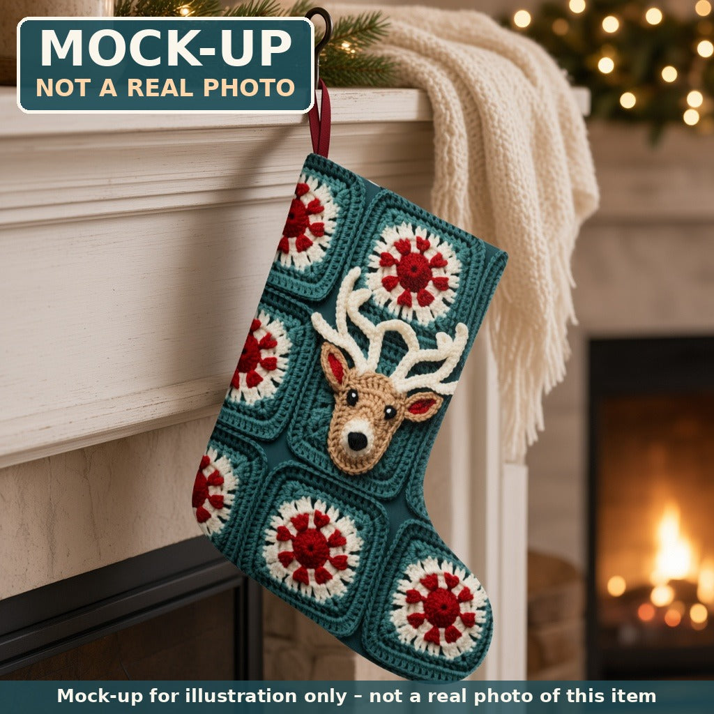 Mock-up (not a real photo): Crochet-Look Reindeer Christmas Stocking shown in a home setting