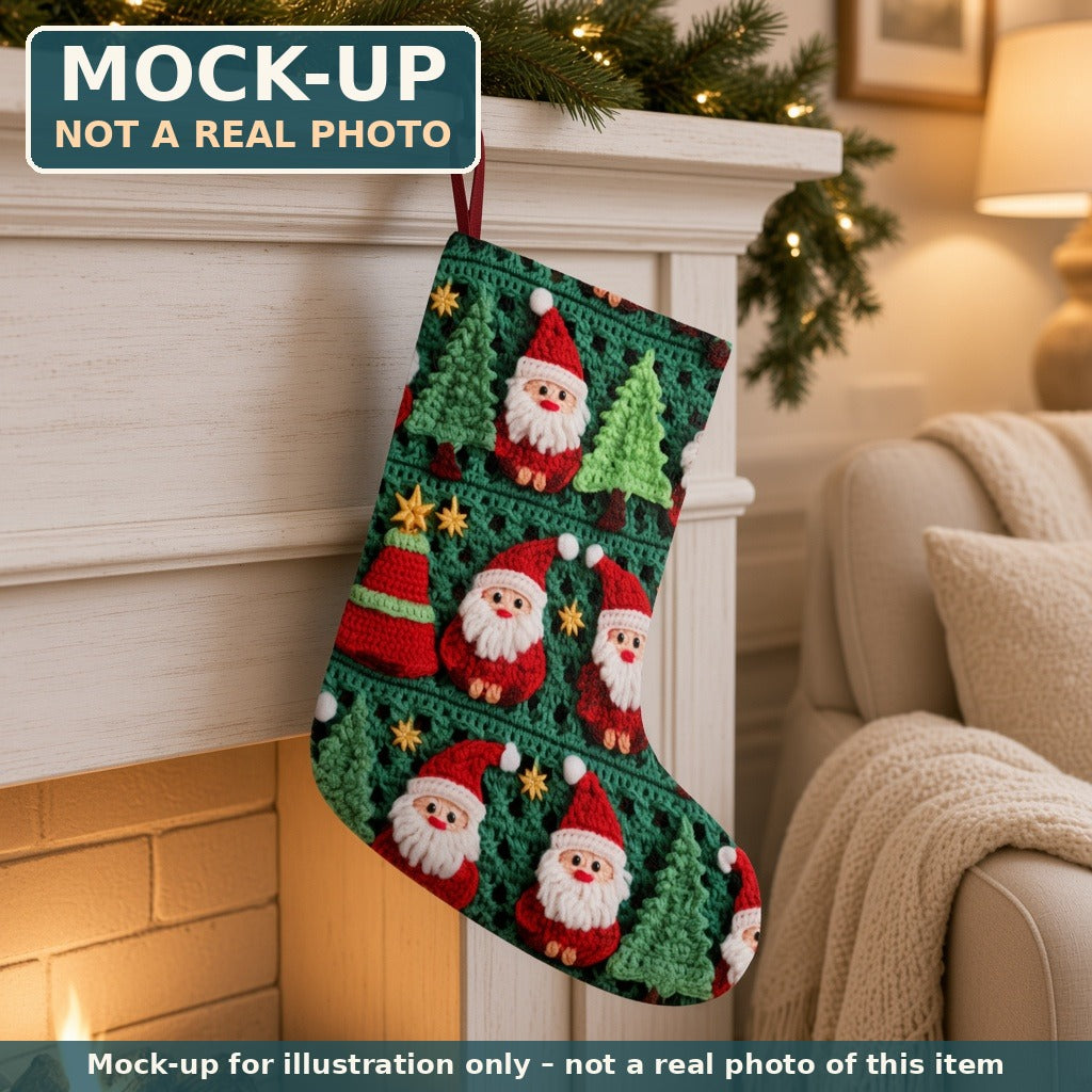 Mock-up (not a real photo): Crochet-Look Santa & Christmas Tree Stocking shown in a home setting