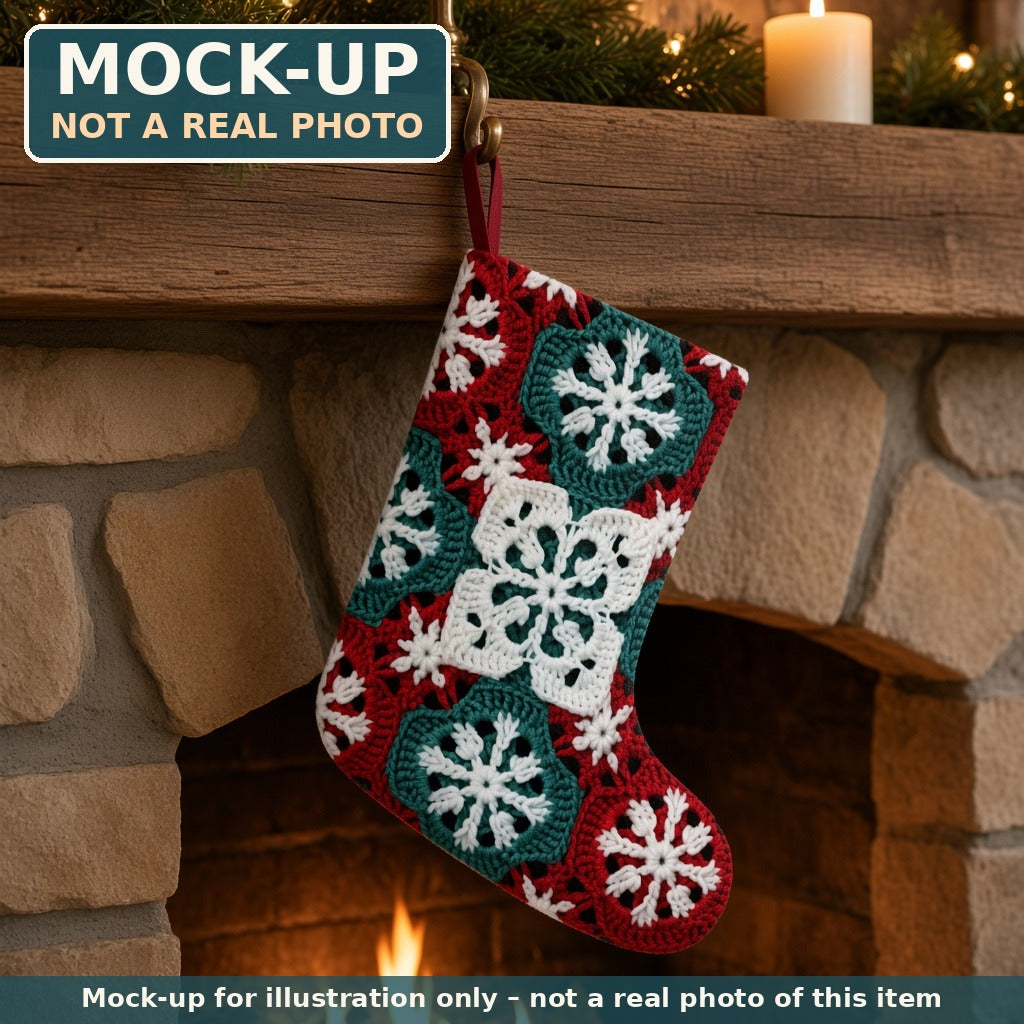 Mock-up (not a real photo): Crochet-Look Snowflake Christmas Stocking shown in a home setting