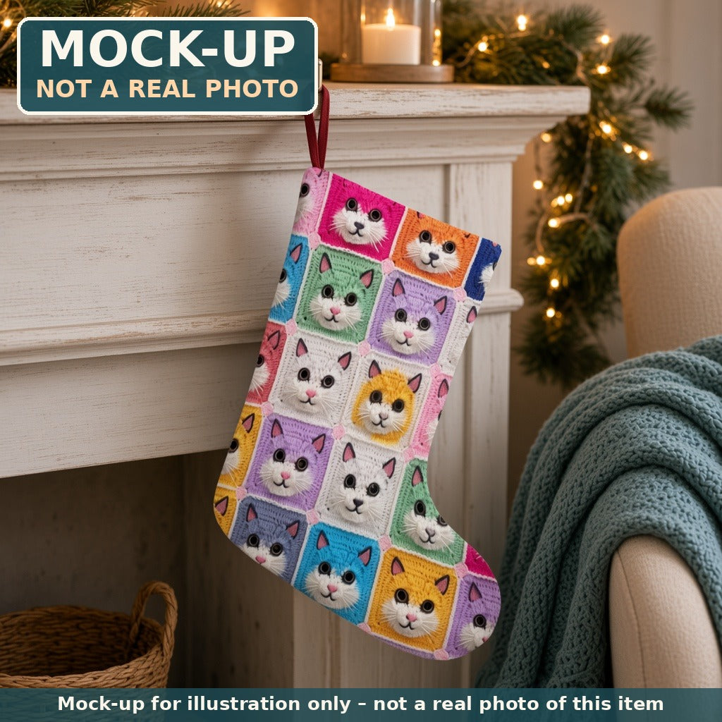 Mock-up (not a real photo): Crochet-Look Kitty Cat Christmas Stocking shown in a home setting