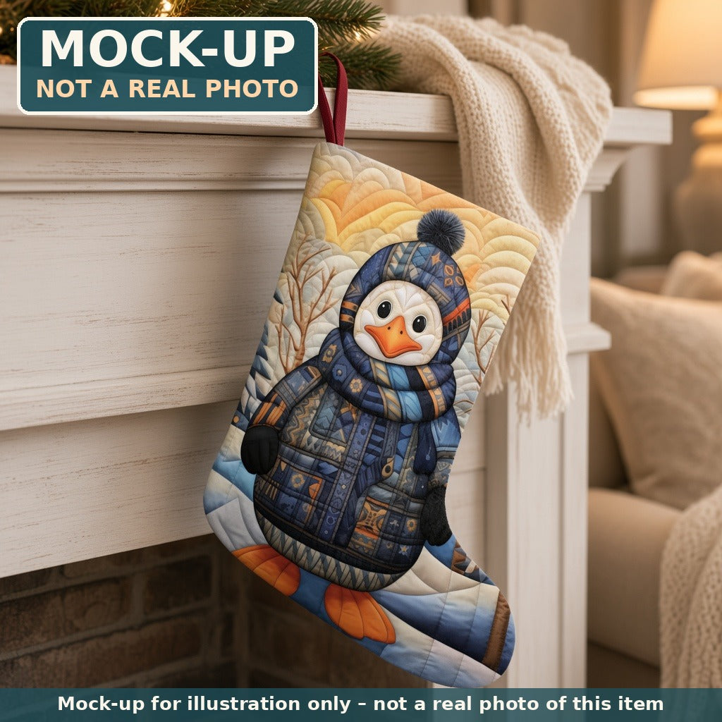 Mock-up (not a real photo): Quilted Penguin Christmas Stocking shown in a home setting