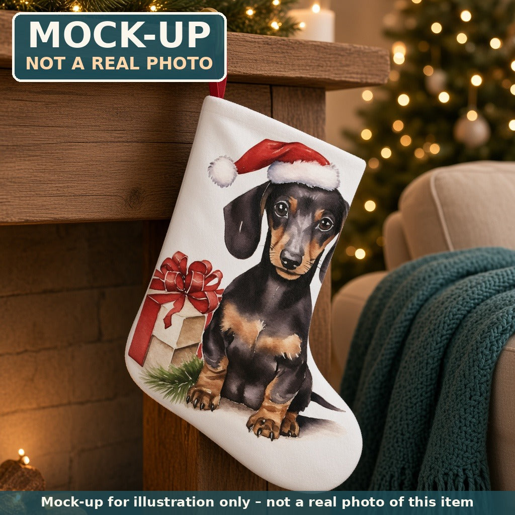 Mock-up (not a real photo): Dachshund Dog Christmas Stocking shown in a home setting