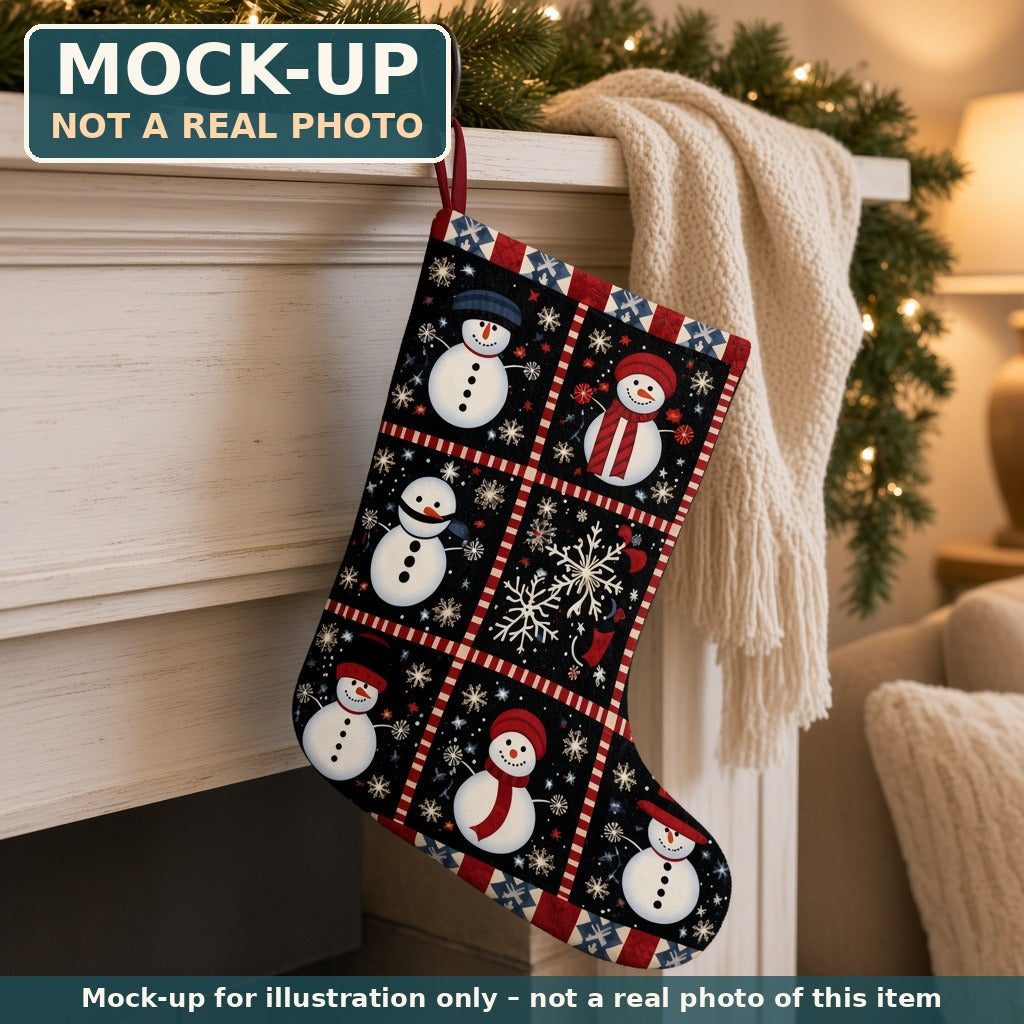 Mock-up (not a real photo): Crochet-Look Snowman Christmas Stocking shown in a home setting