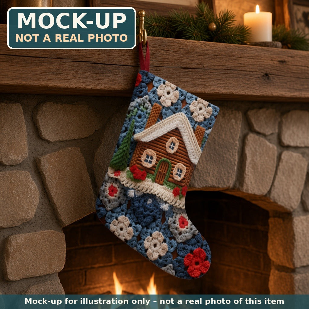 Mock-up (not a real photo): Crochet-Look Log Cabin Christmas Stocking shown in a home setting