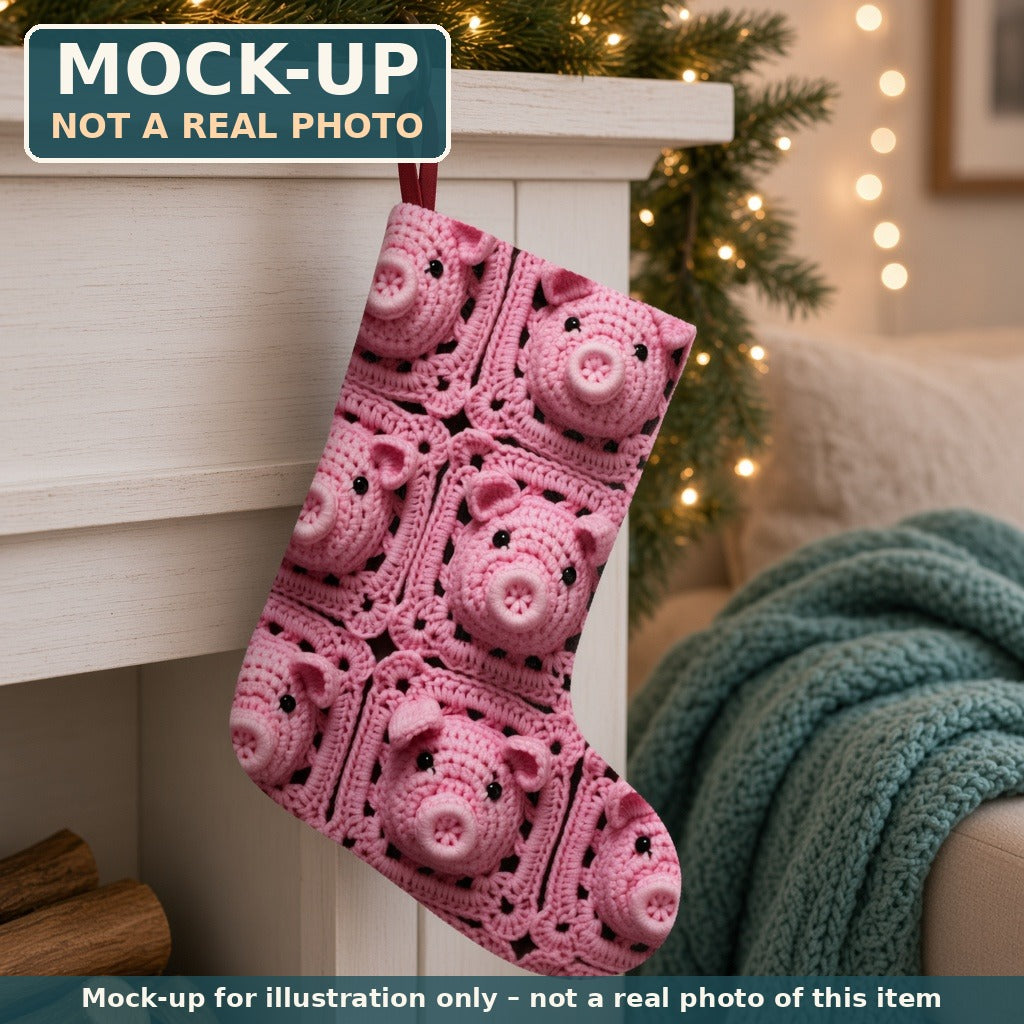 Mock-up (not a real photo): Crochet-Look Pink Pig Christmas Stocking shown in a home setting