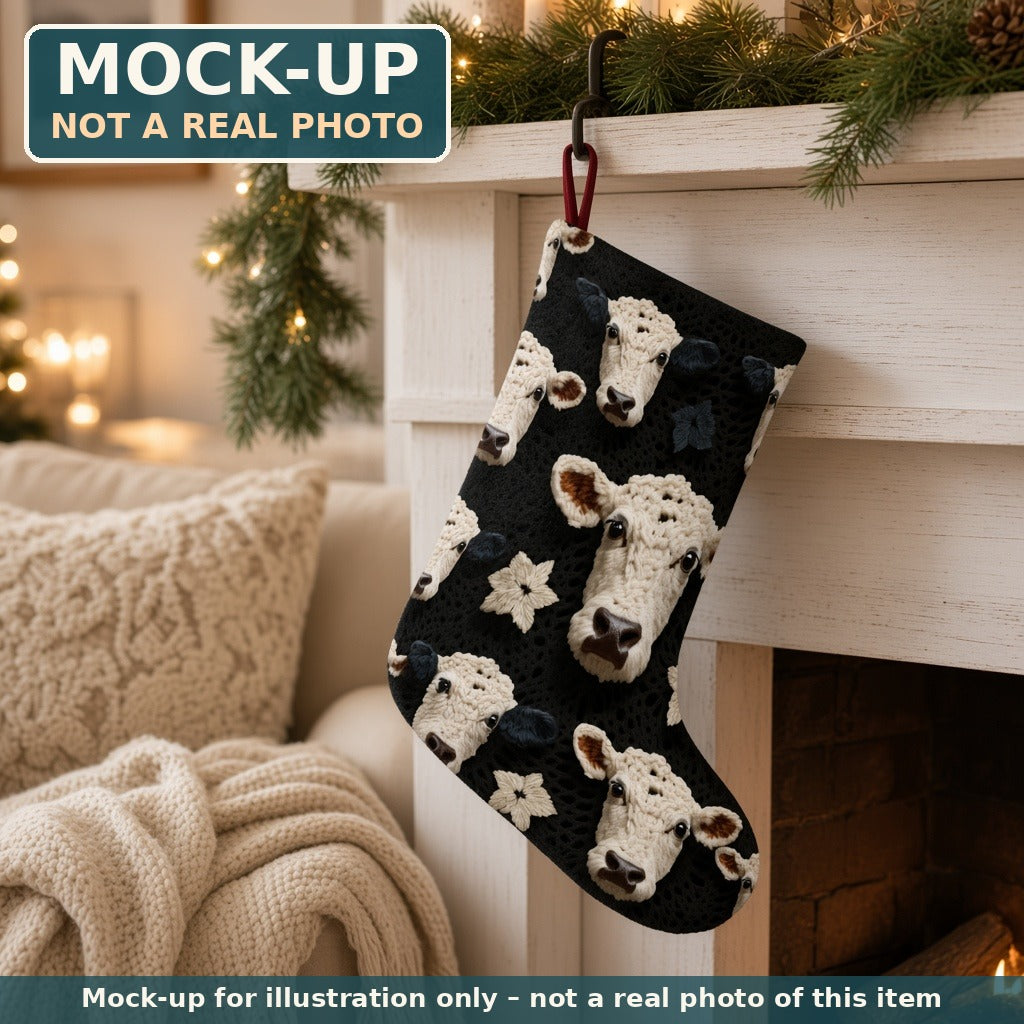 Mock-up (not a real photo): Crochet-Look Cow Christmas Stocking shown in a home setting