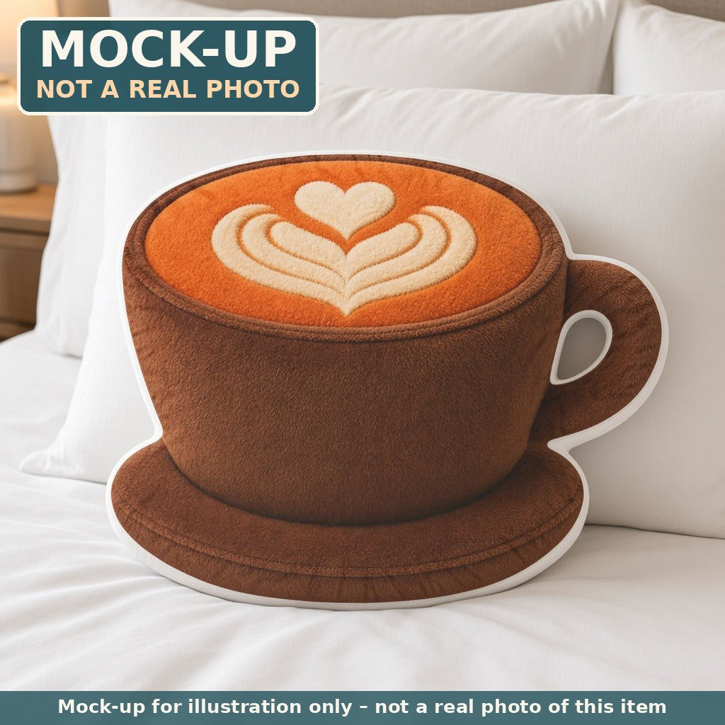 Mock-up (not a real photo): Latte Coffee Cup Pillow – Shaped Plush Throw Pillow shown in a home setting