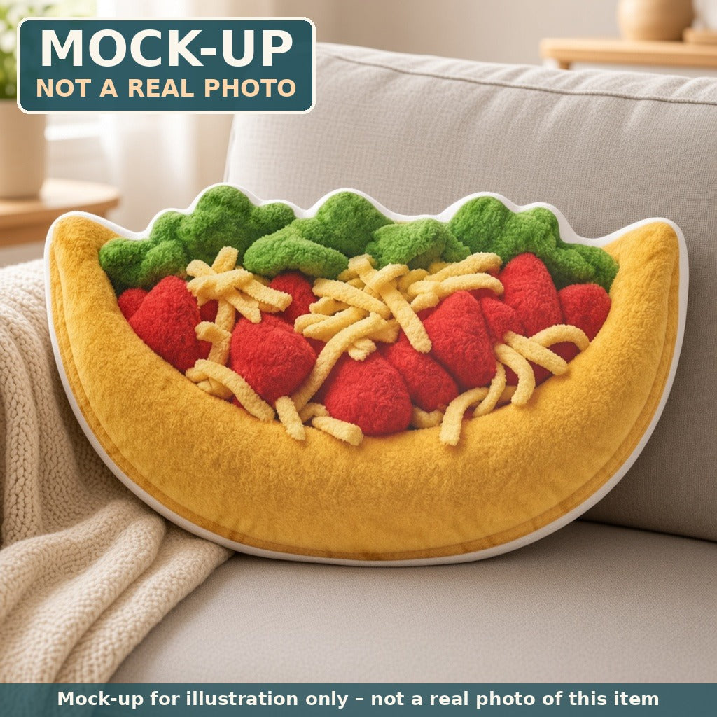 Mock-up (not a real photo): Taco Pillow – Shaped Plush Throw Pillow shown in a home setting