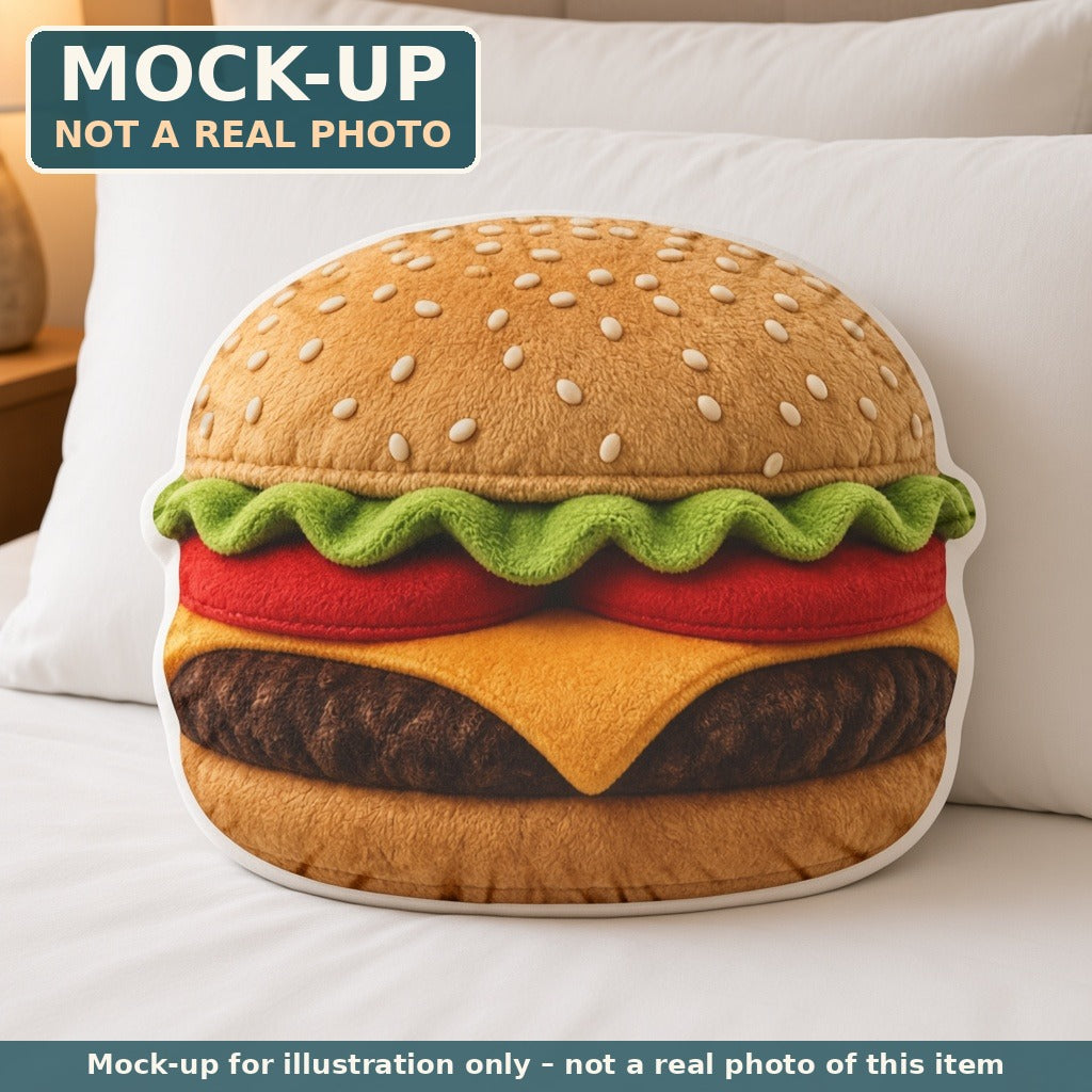 Mock-up (not a real photo): Cheeseburger Pillow – Shaped Plush Throw Pillow shown in a home setting