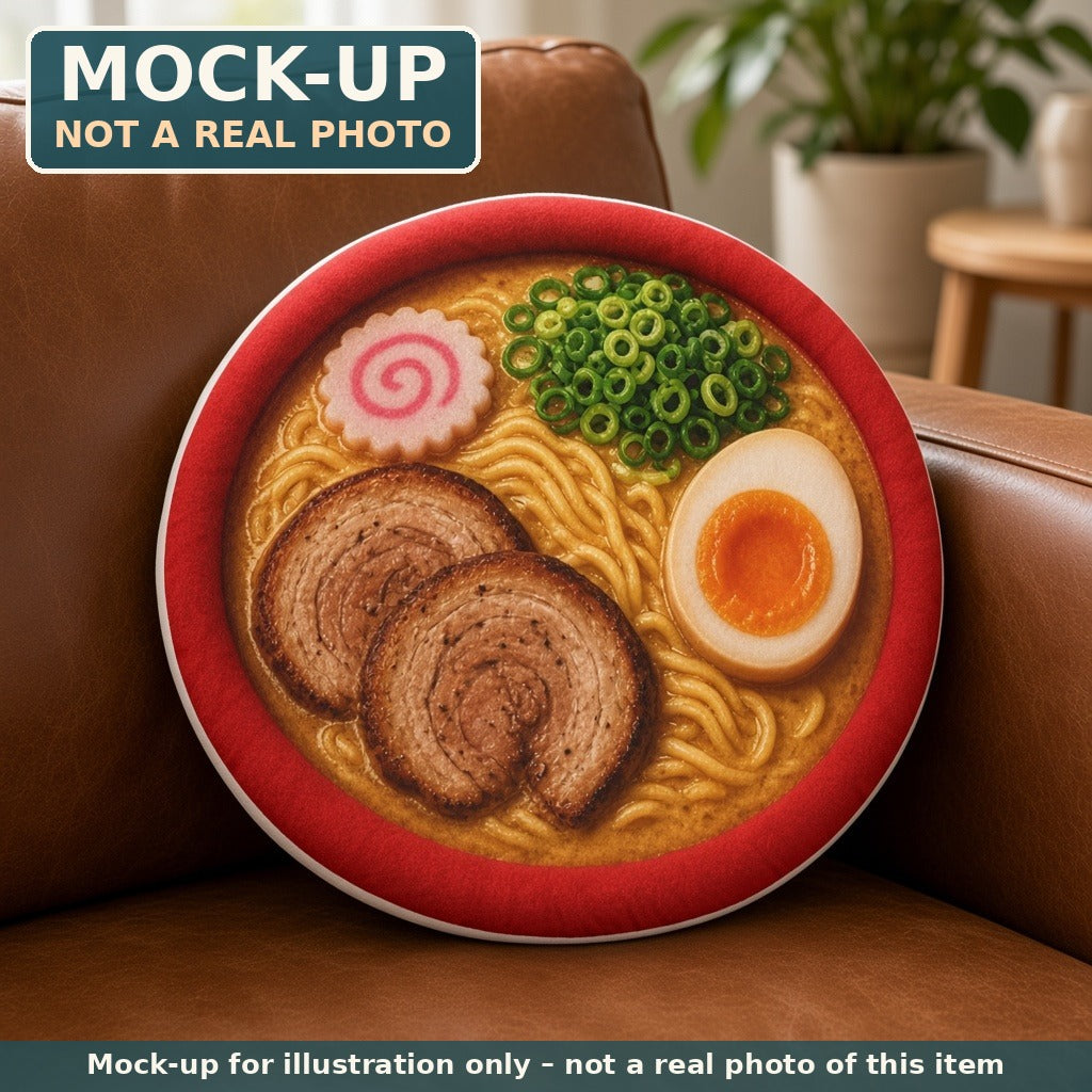 Mock-up (not a real photo): Ramen Bowl Pillow – Shaped Plush Throw Pillow shown in a home setting