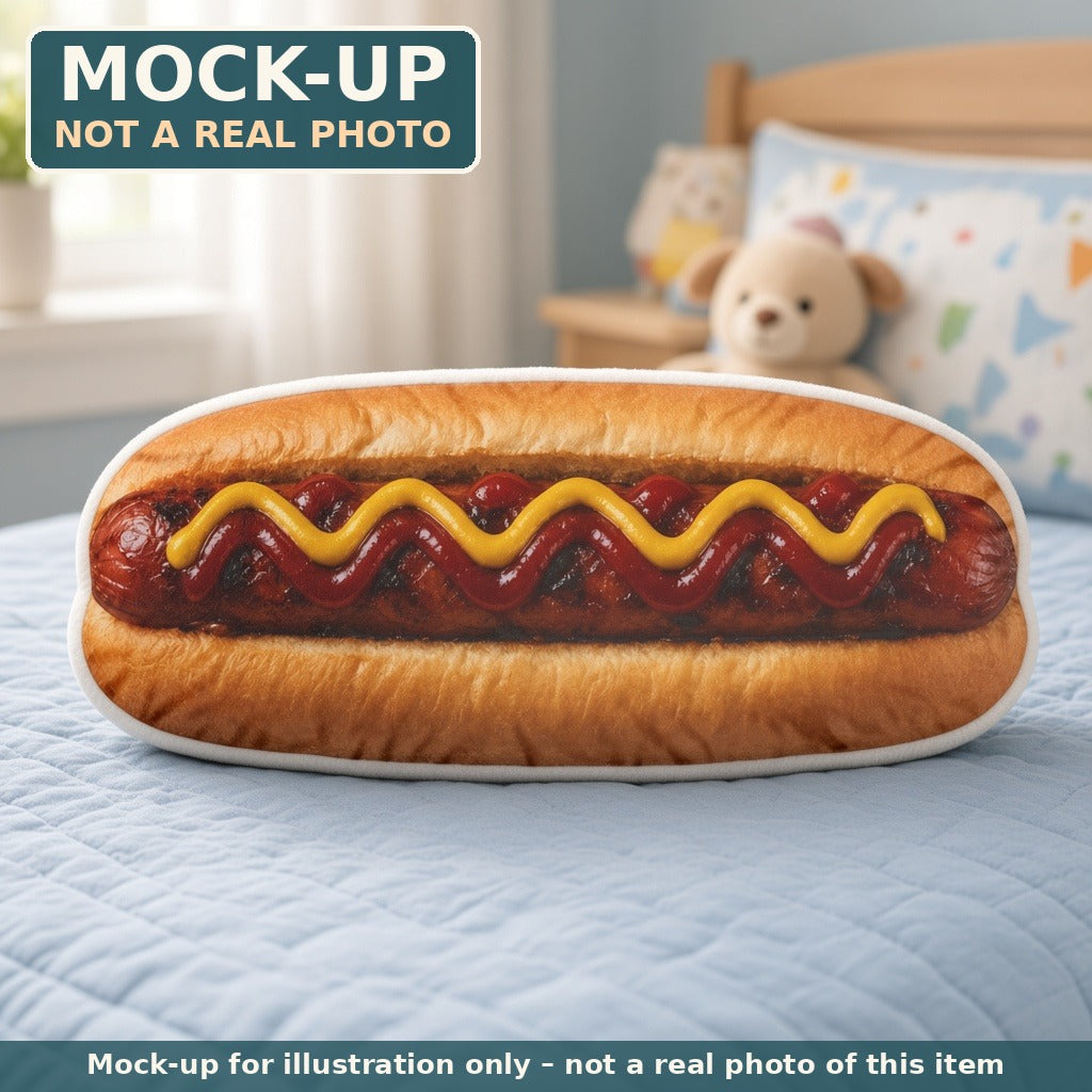 Mock-up (not a real photo): Hot Dog Pillow – Shaped Plush Throw Pillow shown in a home setting