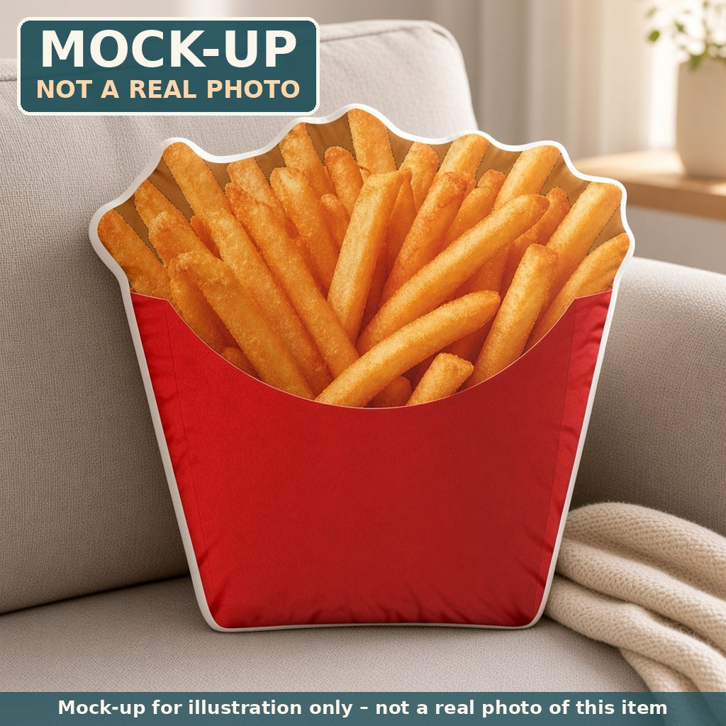 Mock-up (not a real photo): French Fries Carton Pillow – Shaped Plush Throw Pillow shown in a home setting