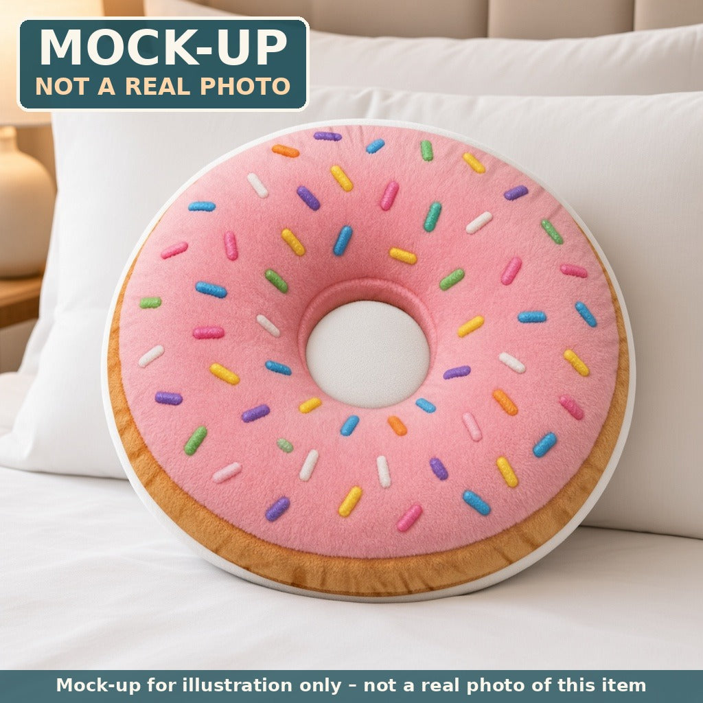 Mock-up (not a real photo): Pink Sprinkle Donut Pillow – Shaped Plush Throw Pillow shown in a home setting