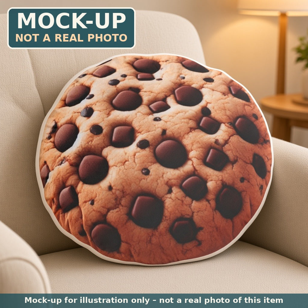 Mock-up (not a real photo): Chocolate Chip Cookie Pillow – Shaped Plush Throw Pillow shown in a home setting