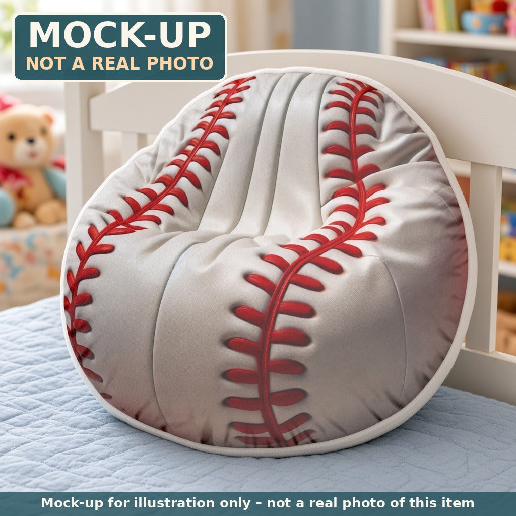 Mock-up (not a real photo): Baseball Pillow – Shaped Plush Throw Pillow shown in a home setting