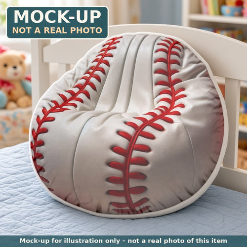 Mock-up (not a real photo): Baseball Pillow – Shaped Plush Throw Pillow shown in a home setting